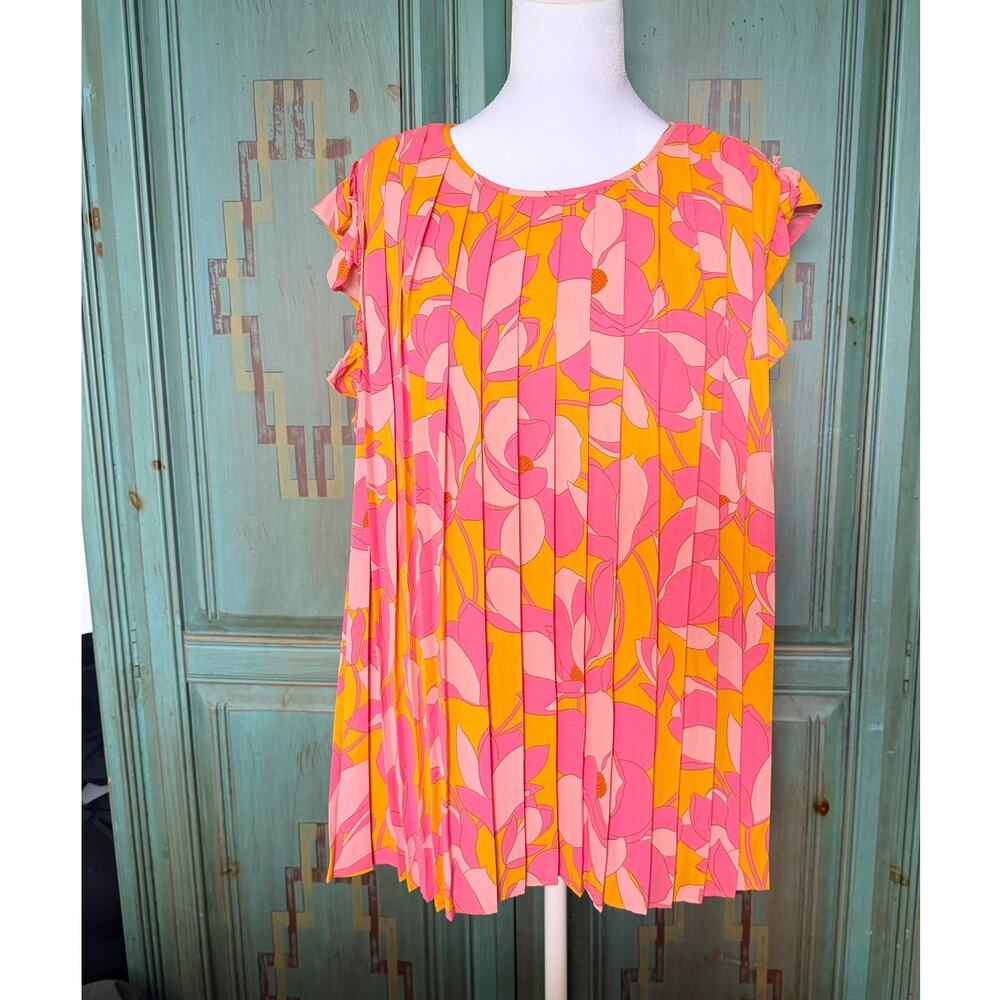 DR2 Pink Orange Floral Pleated Ruffle Sleeve Tunic Blouse XL Retro Resort - Picture 2 of 8
